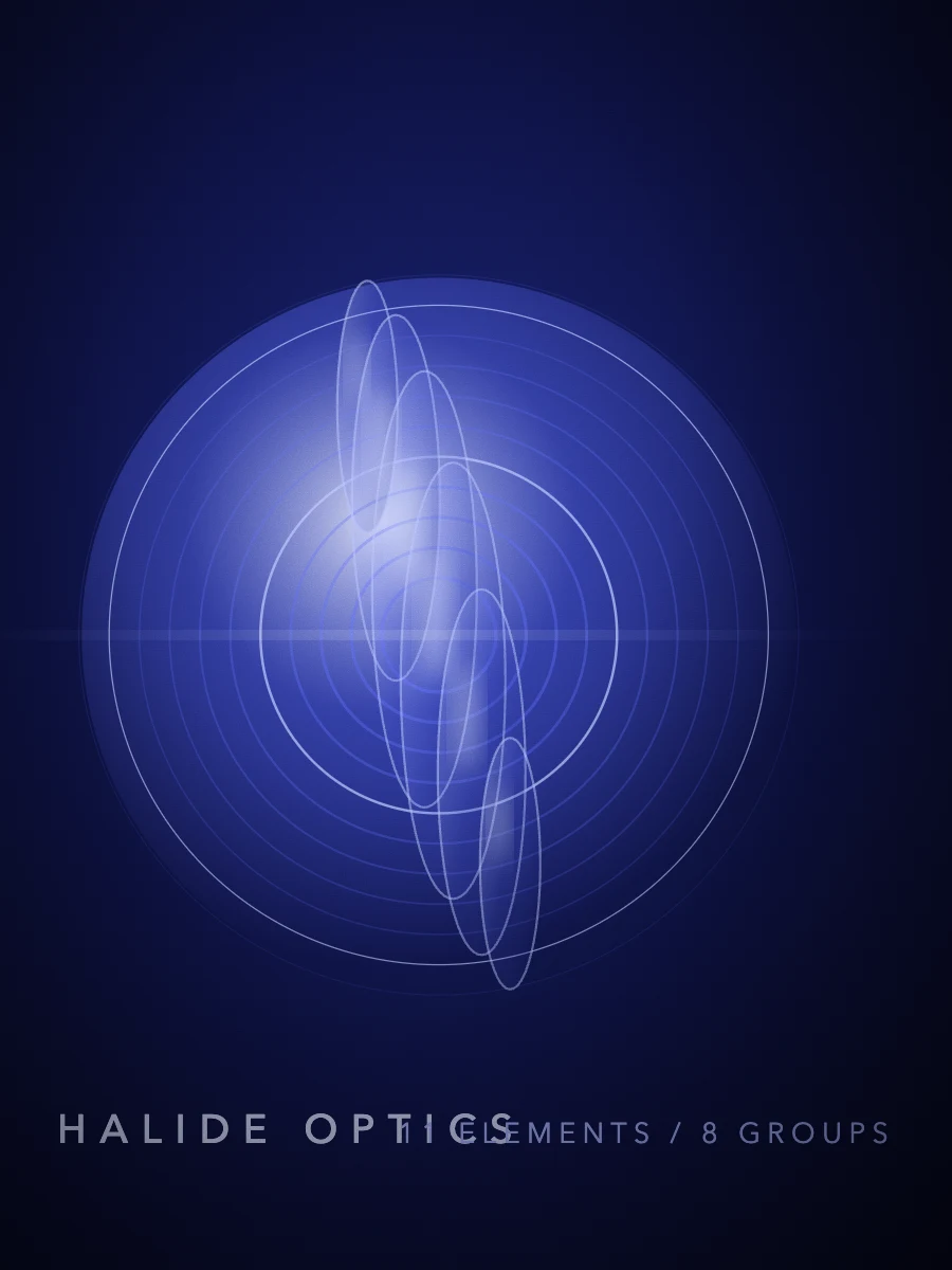 Deep blue abstract composition of concentric optical rings and refracted light for the Halide Optics launch.