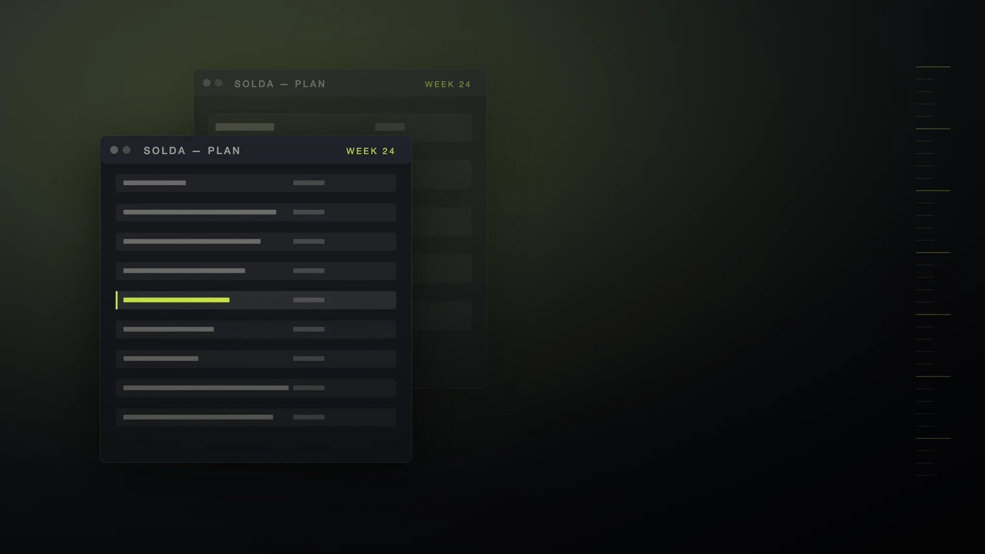 Wide dark composition of layered interface planes with acid green accents, from the Solda product design system.